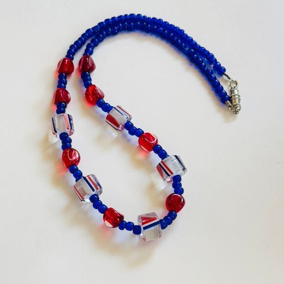 VTG Art Glass beaded collar Necklace Blue red translucent beads Lamp work rare - Picture 2 of 7
